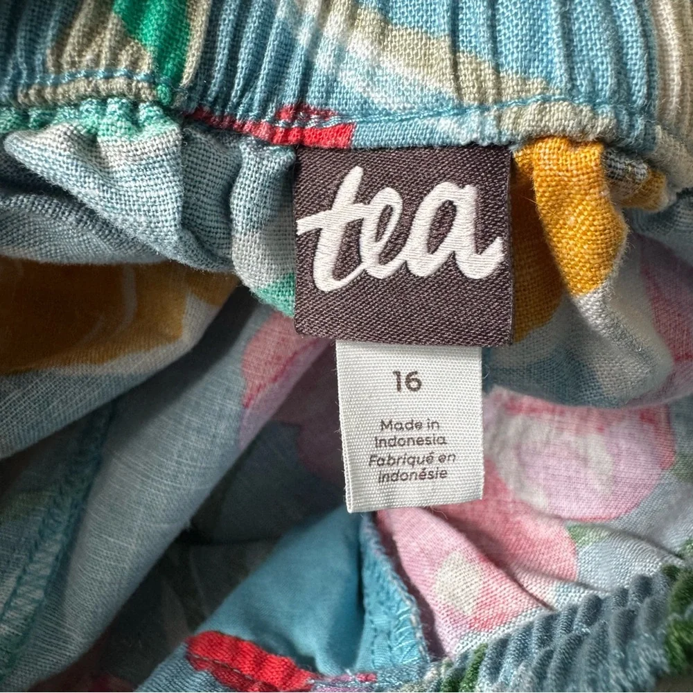 Tea Floral Blue Girl's Cotton Linen Blend High Waisted Shorts Size 16